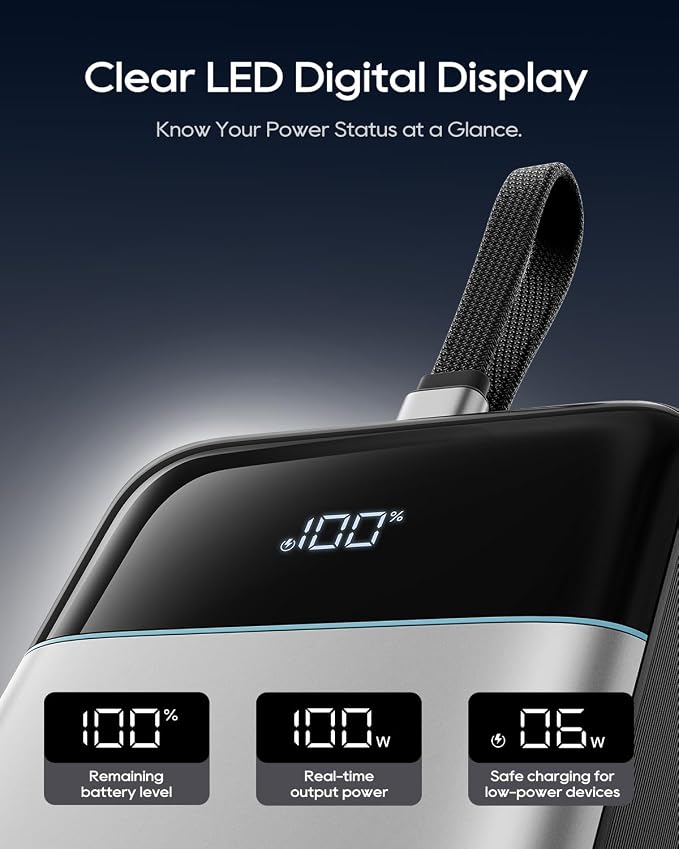 CUKTECH 25,000mAh Power Bank, 100W Max Portable Charger with Built-in USB-C Cable, Fast Charging External Battery Pack for MacBook Pro/Air, iPhone 17/16/15 Series, Samsung, Pixel, Airline Approved
