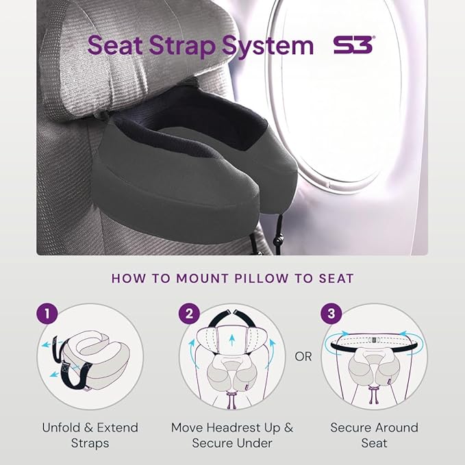 Cabeau Evolution S3 Airplane Travel Pillow for Long Flights - Supportive Memory Foam Body Positioner with Seat Straps to Secure Your Head and Neck and Provides 360 Support (Jet Black)