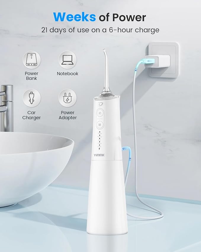 VIMMK Water Flosser, Cordless Water Dental Flosser, 9 Jet Tips 5 Modes 300ML IPX7 Waterproof, Portable Rechargeable Oral Irrigator for Home Travel - Gums, Orthodontic, Braces Care (White)
