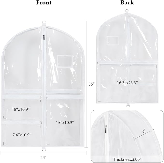 Univivi Clear PVC Dance Costume Bags Garment Bag 35 Inch for Dance Competitions, with 3 Seperated Medium Clear Zipper Pockets and 1 Large Back Zippered Pocket (Clear)