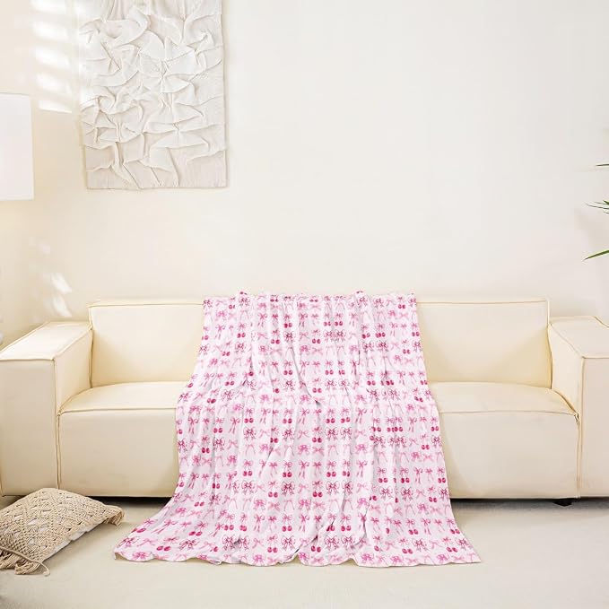 Erosebridal Light Pink Cherry Bow Pet Couch Cover Cute Ribbon Bowknot Dogs Washable Non-Slip Couch Protector Princess Bow Tie Kawaii Pet Friendly Dog Mat for Couches and Sofas,71" x 91"