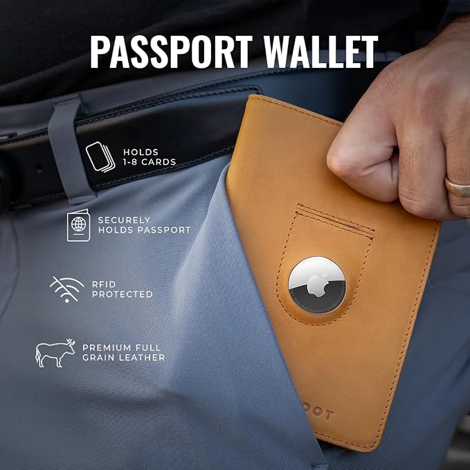 Kings Loot Passport Holder Wallet – RFID Blocking Leather Travel Wallet with Built-in Airtag Holder – Holds 1-6 Cards & Passport – Easy Pull Tab – Slim & Stylish Wallets (Truffle)