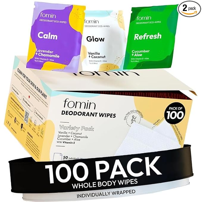 FOMIN Acidified Travel Deodorant Wipes For Women & Men - 100 Count - Variety Pack - pH Balanced, Mini Deodorant Travel Size Wipe - Plastic-Free, Individually Wrapped Underarm Body Wipes