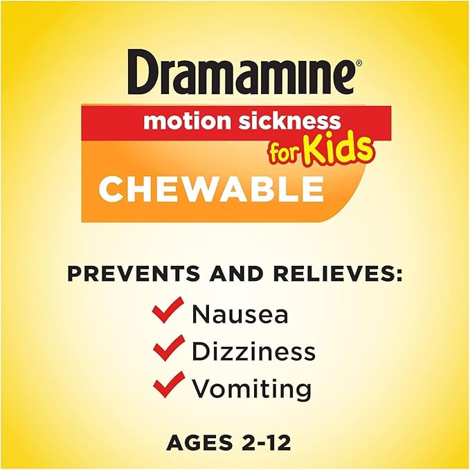 Dramamine Motion Sickness Relief for Kids, Children’s Chewable Tablets, Grape Flavor, Prevents Nausea Dizziness Vomiting, Travel Case Included, Fast Acting, 8 Count (Pack of 2)