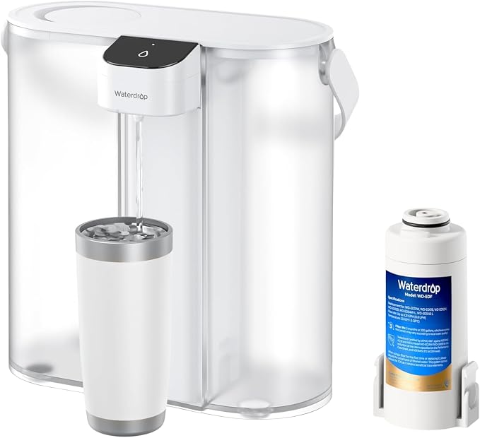 Waterdrop ED02W Compact Electric Water Filter Pitcher, 200-Gallon Rechargeable Instant Powerful Dispenser, NSF/ANSI 42&53&401&372, Reduce PFOA/PFOS, Lead, Chlorine, 14-Cup, NOT Reduce TDS, White