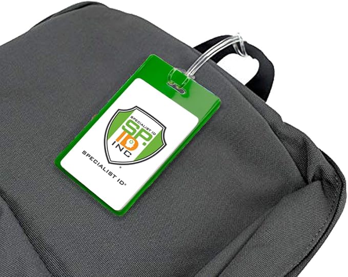 Bulk 25 Pack - Backpack ID Luggage Tags for Student Identification Cards - School Name Badge Holder for Backpacks - Business Card Size - Sturdy Plastic Suitcase Tag with Clear Window (Green)