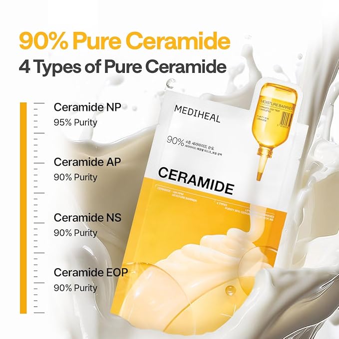Mediheal Essential Face Mask [Ceramide] Moisture Barrier 10 pcs. with 90% Ceramide, Panthenol for Intense Hydration & Skin Barrier & Daily Skin Nourishment - Vegan Formula Korean Beauty Sheet Mask