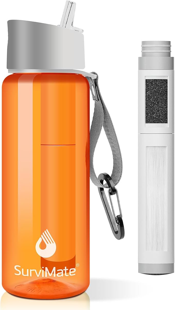 SurviMate 5-Stage 0.01μm Ultra-Filtration Filtered Water Bottle, BPA-Free Material, NSF/ANSI 42 Certified, Portable Water Filter Bottle for Survival, Camping, Hiking, and Emergency Use