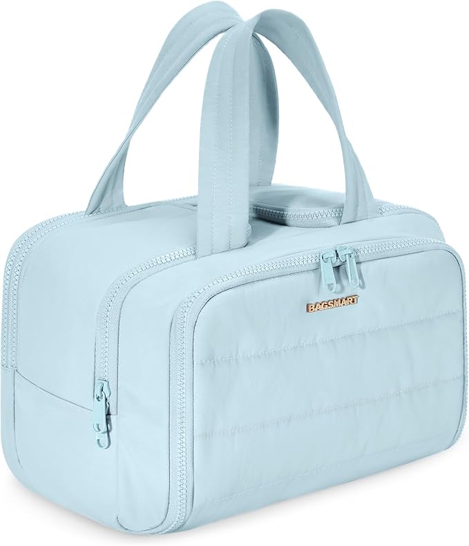 BAGSMART Travel Toiletry Bag, Crush Toiletry Bag for Women, Wide-open Puffy Toiletry Bags for Traveling, Large Travel Cosmetic Makeup Bag Organizer for Accessories,Toiletrie, Blue
