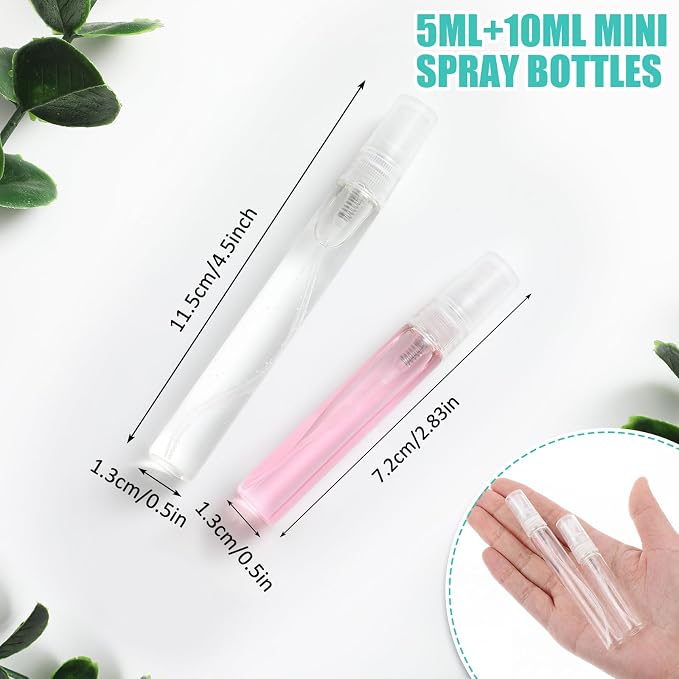 Zhehao 2 Pcs Mini Spray Bottles 5 Ml, 10 ml Clear Glass Perfume Bottles Refillable Fine Mist Perfume Atomizer Portable Empty Sample Containers for Cleaning, Essential Oils, Travel (Clear Cap)