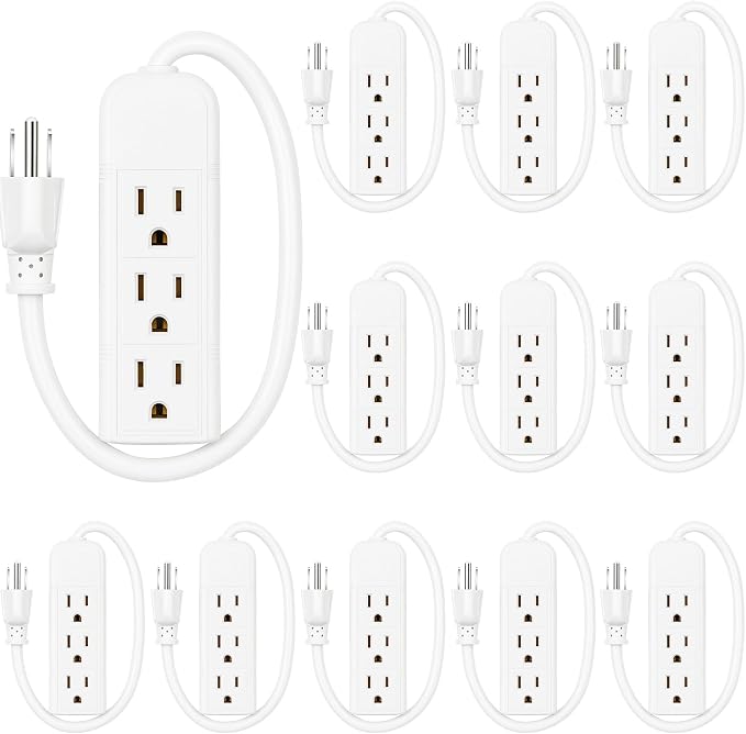 Copkim 20 Pack 3 Outlet Power Strip Extension Cord with Flat Plug Mini Cord 3 Ground Heavy Duty Mountable Outlets Strip for Computer Phone Home Office (1 ft,White)