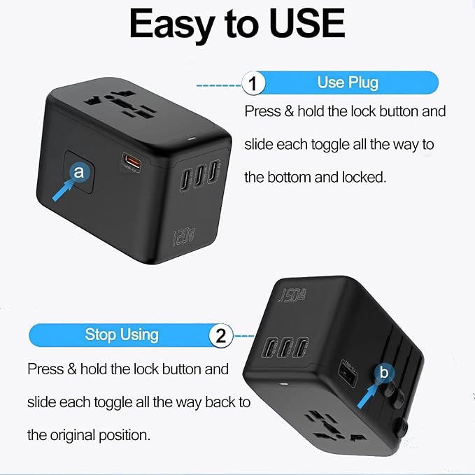 JMFONE GaN 100W Universal Travel Adapter, 5 USB Ports & 2500W AC Socket, USB C Fast Charging Laptops/Tablets/Phones, International Power Adapter with EU UK US AUS Plugs for 200+ Countries