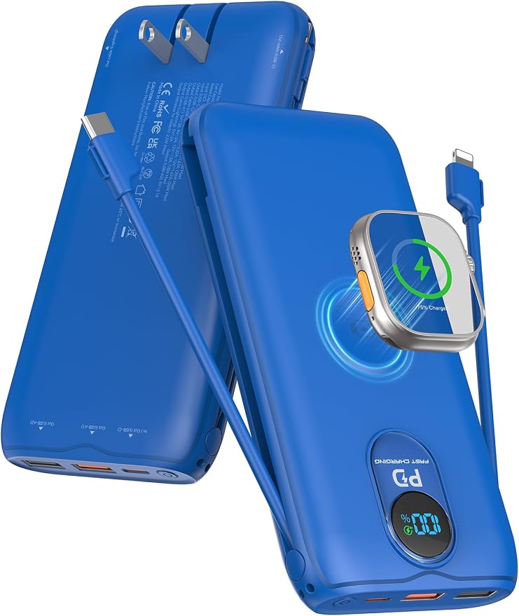 Portable Charger, 10000mAh 20W Fast Charging Power Bank with Built in Cables & AC Wall Plug & LED Display, Travel Essentials Battery Pack Powerbank for iPhone, iPad, iWatch, Samsung, Blue