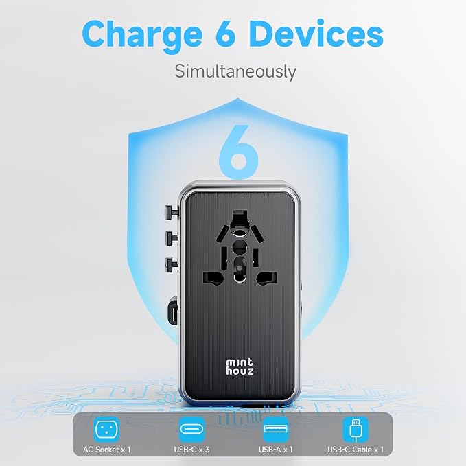 Minthouz Universal Travel Adapter, International 70W Power Adapter GaN Fast Charger with 3 USB-C PD, 1 USB-C Cable & A Ports, All-in-One Portable AC Power Plug Adapter for USA EU UK AUS