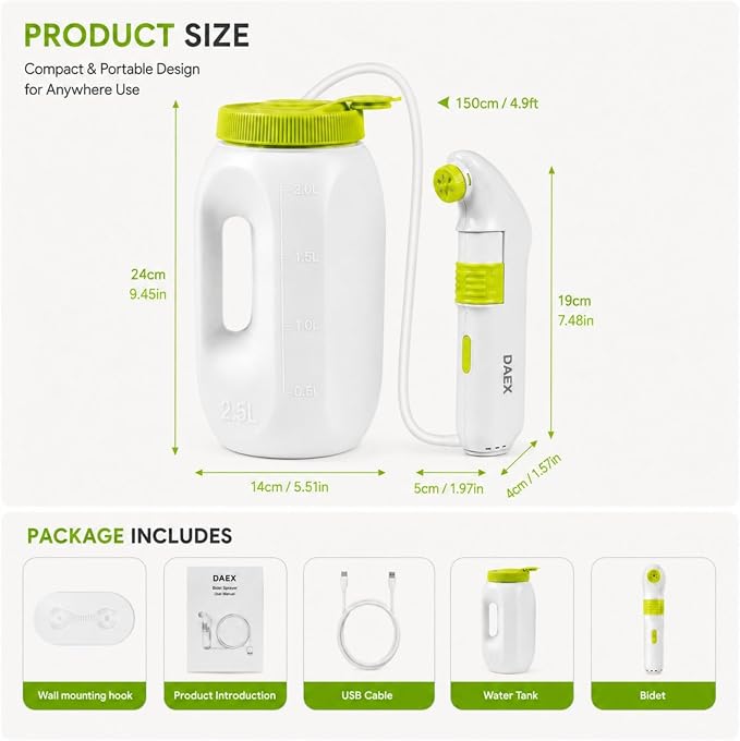 Portable Bidet for Travel – Electric High Pressure Rechargeable Bidet for Women & Men, 2.5L Bottle, 1600mAh Battery, 1300ML/min Strong Flow, Waterproof Personal Hygiene Sprayer for Travel & Home