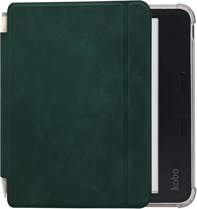 Folio Leather Case for 7" Kobo Libra Colour (2024) eReader - Ultra-Thin Enhanced Auto Sleep/Wake Cover with Transparent TPU Back, Magnetic Closure, Stylus Holder (Green)
