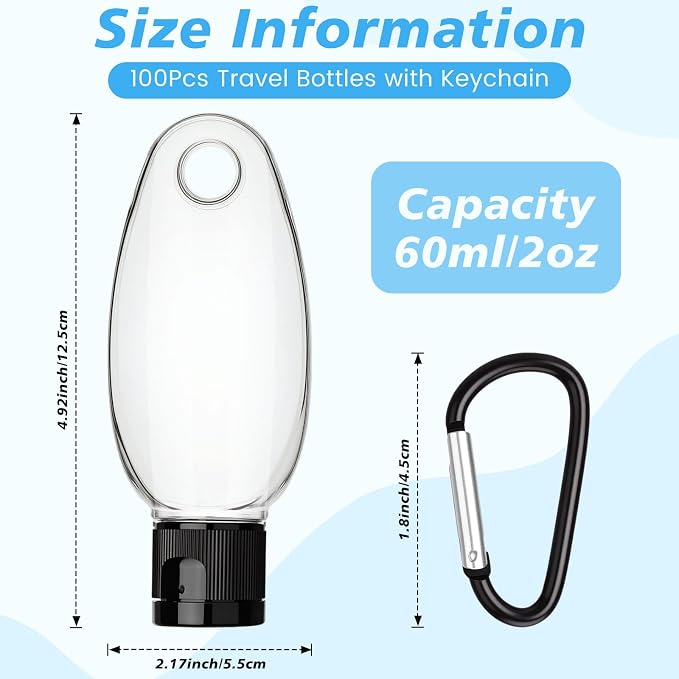 Yalikop 100 Pcs Traveling Bottles with Keychain 2oz Clear Plastic Keychain Bottle Leakproof Refillable Empty Keyring Container Liquid Packing Container Portable Bottle with Lid for Liquid Cream