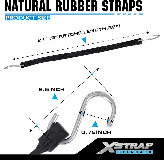 XSTRAP STANDARD 21" 100% EPDM Natural Rubber Tarp Straps, Black Long Bungee Cords with Metal S Hooks Tie Down Straps for Outdoor, Tarp Covers, Canvas Canopies, Motorcycle, and Cargo - 20 Pack