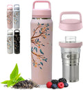 Farasi Loose Leaf Tea Infuser Bottle Wide Mouth Coffee, Fruit, Insulated Stainless Steel Water Bottle Infuser Tumbler - Leakproof Built In Handle Travel Mug Pink Floral 24 oz