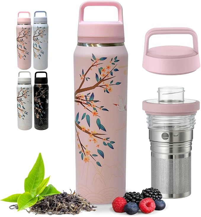 Farasi Loose Leaf Tea Infuser Bottle Wide Mouth Coffee, Fruit, Insulated Stainless Steel Water Bottle Infuser Tumbler - Leakproof Built In Handle Travel Mug Pink Floral 24 oz