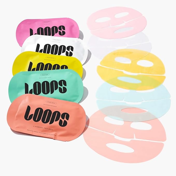 LOOPS VARIETY LOOP KIT - The Best Hydrogel Korean Face Masks for Every Skin Moment - Loops Face Mask - 5 Masks for Hydrating, Detoxifying, Repairing, Soothing, and Rejuvenating - All Skin Types 5pc
