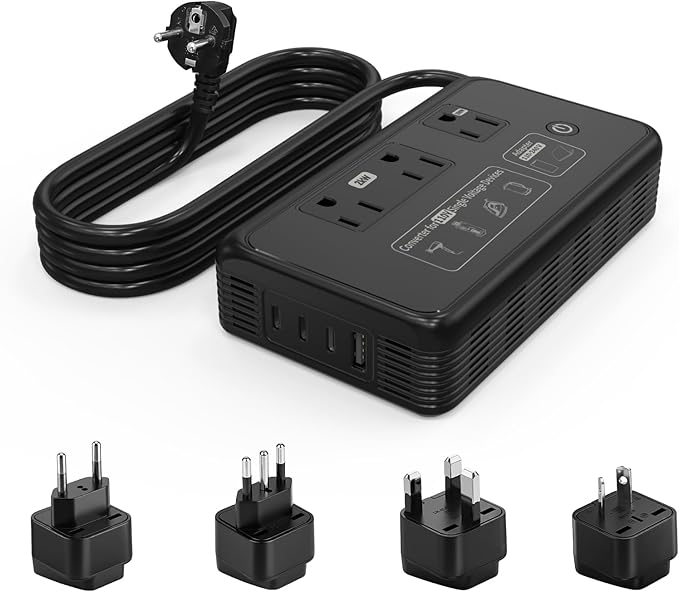 2000W 220V to 110V Converter for Hair Dryer, Voltage Converter US to Europe, Converter for European Travel with 2 USB-C 2 USB-A, Universal Travel Adapter with Type C/G/I/L (Black)