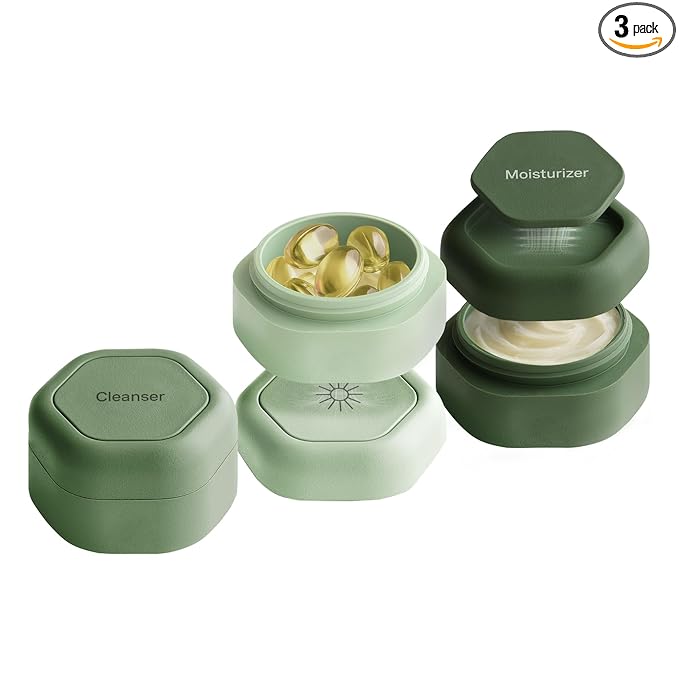 Cadence Travel Containers Basic Skincare Set - Magnetic Containers with Lids,Carry On Travel Essentials For Women/Men - 3 Small Capsules (0.56oz) - Cleanser, Moisturizer & Sun-Icon Labels - Evergreen