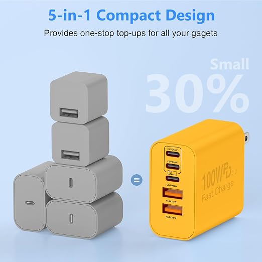 QZIIW USB C Wall Fast Charger Block, 100W 5-Port Type C Fast Charging Block 3 Pack-PD Power Charger Adapter QC 3.0 USB Multiport Charger Brick for iPhone 17 16, Samsung Series MacBook/Air, iPad, etc.