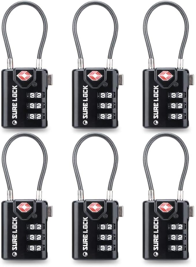 SURE LOCK TSA Approved Luggage Locks with Open Alert Indicator, 3 Digit Combination Cable Travel Lock for Suitcase, Backpack, Gym Locker, Toolbox & Travel Bag(Black 6 Pack