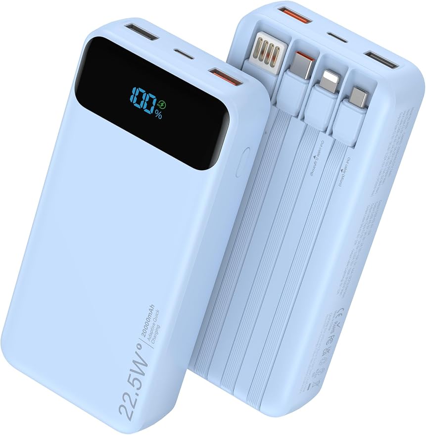 Nusyddy Portable Charger 20000mAh 22.5W w/4 Built-in Cables/6 Outputs Blue | High capacity, Fast Charge, LED Display, Pass Through Charging, Charge 6 Devices at once, TSA Approved, Fits iPhone, Samsung