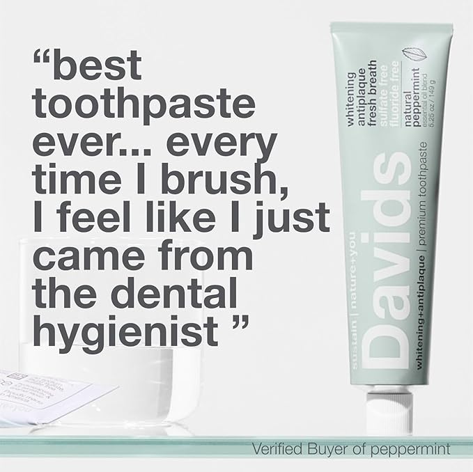 Davids Fluoride Free Toothpaste, Teeth Whitening, Antiplaque, SLS (Sulfate) Free, Promotes Enamel Health, Mouth & Gum Detox, EWG Verified, Peppermint, 5.25oz