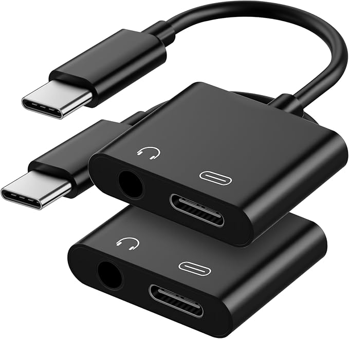 USB C to 3.5mm Headphone and Charger Adapter, 2-Pack Type C to Aux Jack Dongle Cable Cord with PD Fast Charging for iPhone 15/16/17 Pro/Max/Plus, iPad, Samsung Galaxy S23/S24 Ultra （Black）