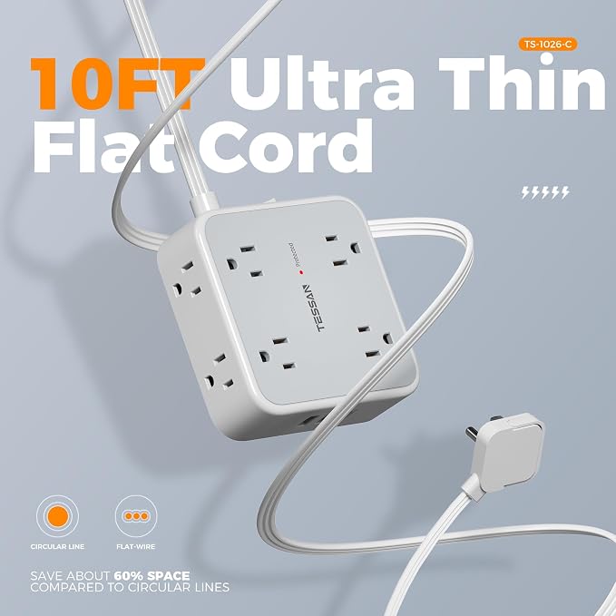 TESSAN Surge Protector Power Strip, 10 Ft Flat Plug Extension Cord with 3 USB (1 USB C) 8 Outlets, 1250W, 900J Protection, 3 Sided Outlet Extender with Ring Plug for Office, Dorm Room, Grey