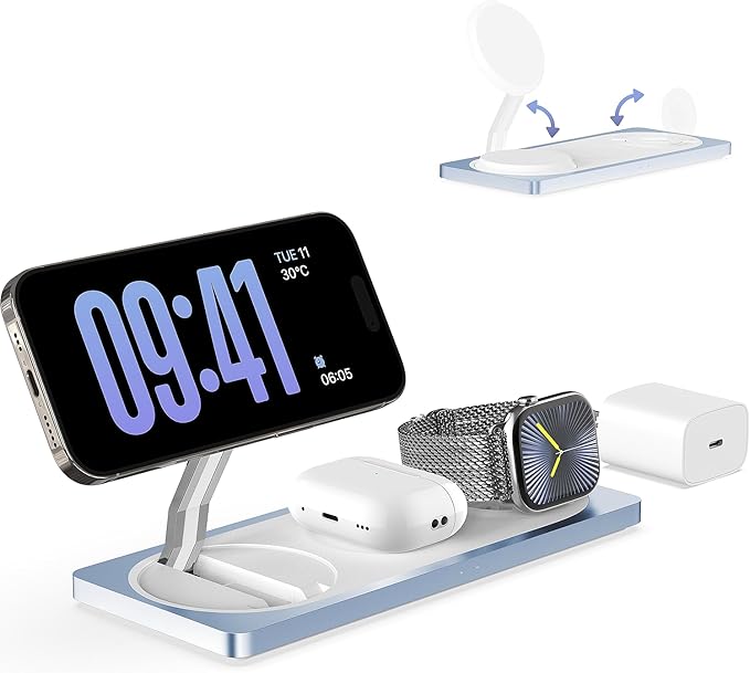 PETINO 3 in 1 Wireless Charging Station for Apple Devices with MagSafe | For iPhone 17/Air/16/15/14/13/12, AirPods & Apple Watch, Foldable Portable Aluminum Charging Stand, Adapter Included