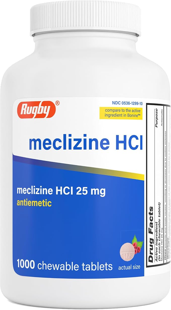 Rugby Meclizine Chewable Tablets 25mg - Anti-Nausea Support Helps with Symptoms of Motion Sickness - 1,000 Count