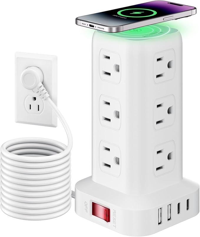 Extension Cord with Multiple Outlets, SMALLRT Surge Protector Power Strip Tower, 10FT Outlet Extender with 12 AC Outlets 4 USB, Power Strip with USB Ports for Home Office Dorm Room,Overload Protection