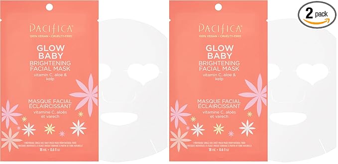 Pacifica Beauty, Glow Baby Brightening Face Mask, Sheet Mask, Skincare, Vitamin C, Aloe, Kelp, Brightening, Glowing Skin, Dullness, Fine Lines, Dark Spots, Dry Skin, Vegan & Cruelty Free (Pack of 2)