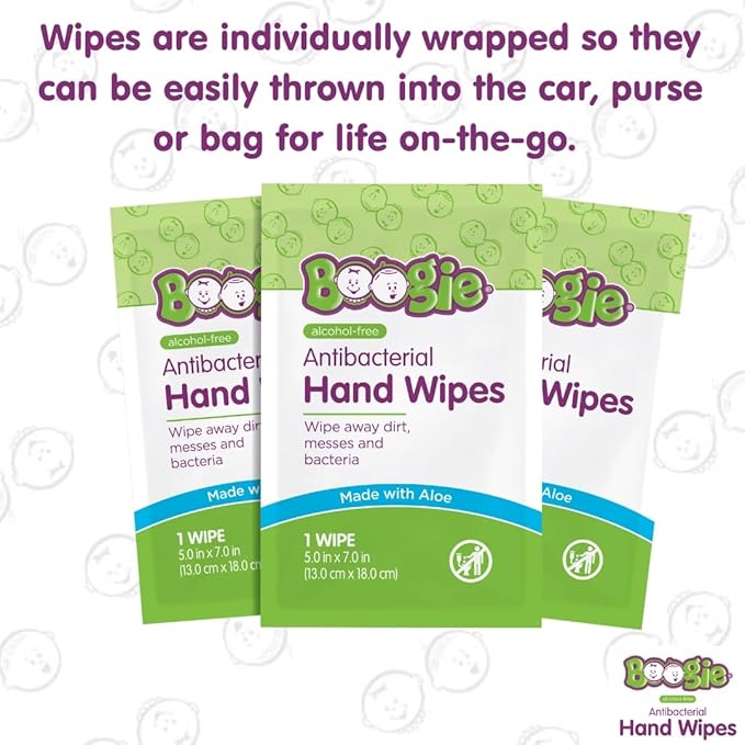 Boogie Antibacterial Hand Wipes - 90 Count - Hypoallergenic & Alcohol-Free - Individually Wrapped - Travel and Diaper Bag Essential