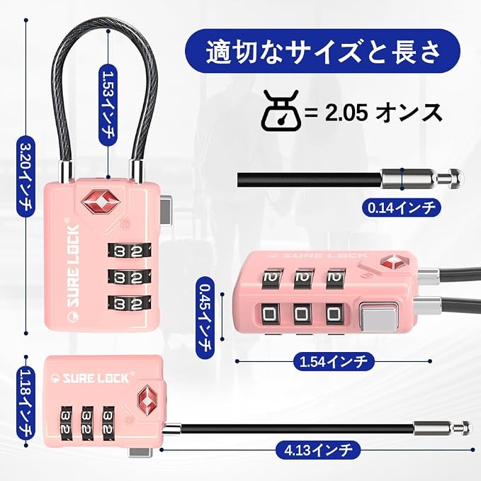 SURE LOCK TSA Approved Luggage Locks with Open Alert Indicator, 3 Digit Combination Cable Travel Lock for Suitcase, Backpack, Gym Locker, Toolbox & Travel Bag(2, Pink 2 Pack)