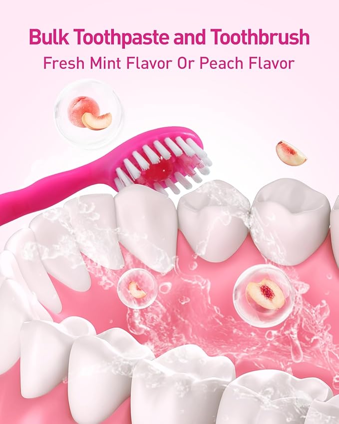 Disposable Mini Travel Toothbrush Bulk with Toothpaste 5in1 60Ct Portable Toothbrushes Set Floss Pick Tongue Scraper Cruise and Travel Essentials (Pink)