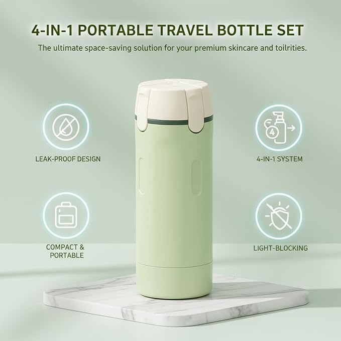 Leak Proof Travel Bottles Set, 4 Pack 30ML Refillable Travel Size Containers, Portable Silicone Squeezable Bottles for Shampoo, Conditioner, Lotion (4 in 1 Kit) (Green+Beige)