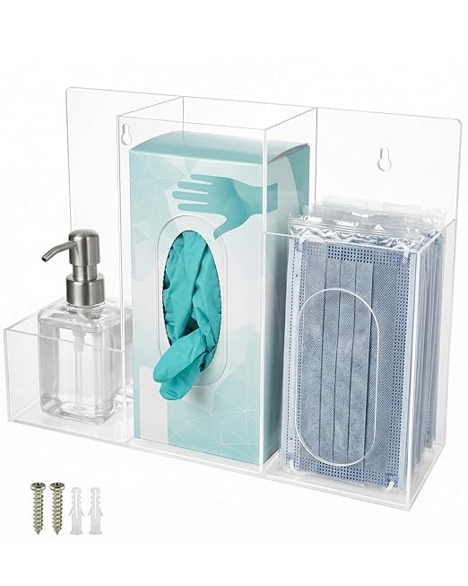 Acrylic Hygiene Station, 3 Compartment Clear Hygiene Supply Dispenser, Wall-Mountable or Countertop PPE Station for Face Masks Gloves Hand Sanitizer Tissues for Office Clinic Restaurant School