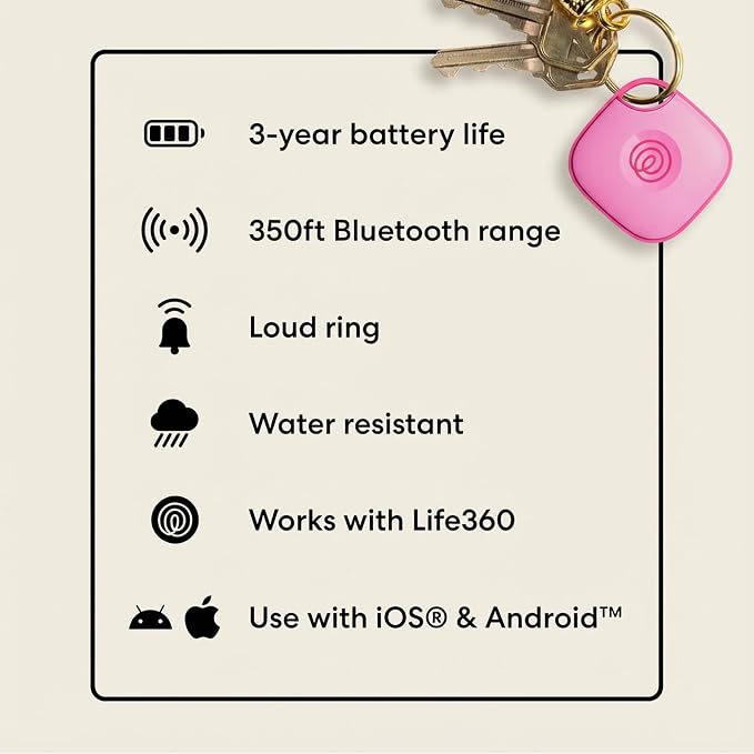 Tile by Life360 Mate Bluetooth Tracker, Keys Finder and Item Locator for Keys, Bags and More. Phone Finder. Both iOS and Android Compatible. 1-Pack (Pink Punch)