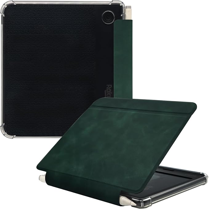 Folio Leather Case for 7" Kobo Libra Colour (2024) eReader - Ultra-Thin Enhanced Auto Sleep/Wake Cover with Transparent TPU Back, Magnetic Closure, Stylus Holder (Green)