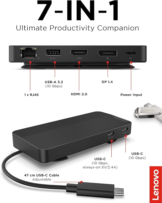 Lenovo USB-C Dual Display Travel Dock - 7 Ports, Integrated Cable, Universal Compatibility, Two displays at 4K - Black