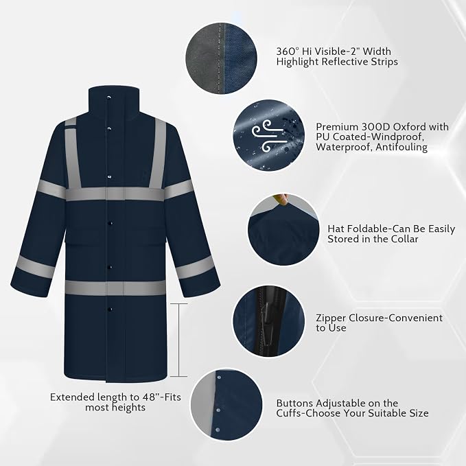 TCCFCCT Rain Gear Hi Vis Rain Coat for Men Women Waterproof with Hood, Long Rain Jacket for Men Heavy Duty for Safety Work, High Visibility Rain Suit for Hiking Camping Outdoors, 3XL Navy Blue