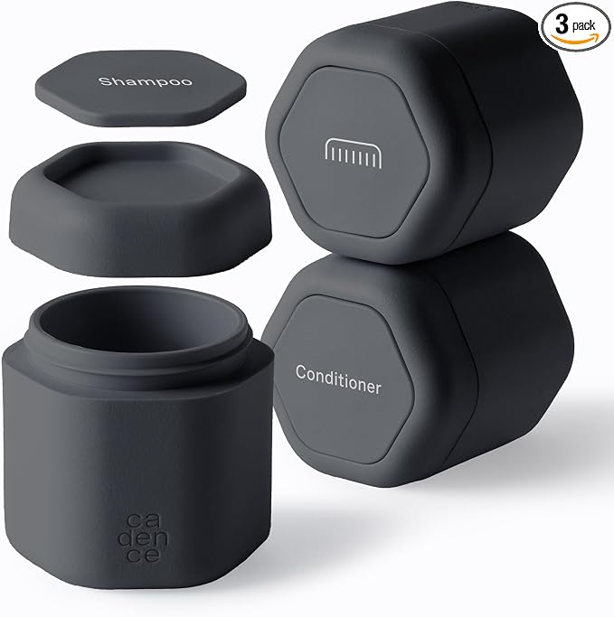 Cadence Travel Containers Haircare Capsule Set - Magnetic Containers with Lids,Carry On Travel Essentials For Women/Men - 3 Flex Mediums (1.32oz) - Shampoo, Conditioner & Comb Icon Labels - Charcoal