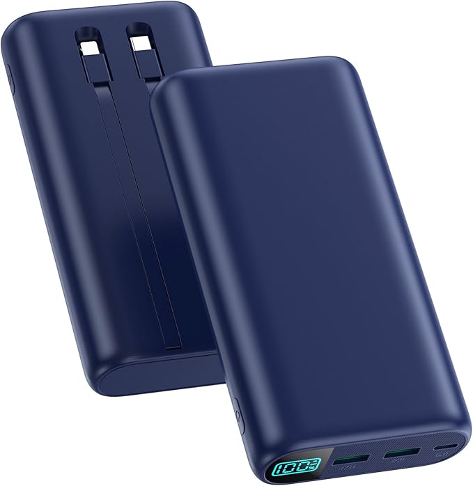 Portable Charger 40,800mAh Power Bank with Built-in Cables,5 USB Output Battery Pack Backup,25W PD Fast Phone Charging Travel Essential Outdoor for iPhone 17/16/15 Pro,Android Galaxy Pixel Nexus-Blue