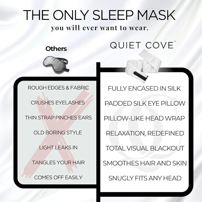 QUIET COVE Plush Luxury Silk Sleep Mask - Sleep Comfortably on Your Side - 22 Momme Mulberry Silk, Total Blackout, Luxe Cloud Filling Soothes Your Eyelids - Luxury Gift (Pearl White)