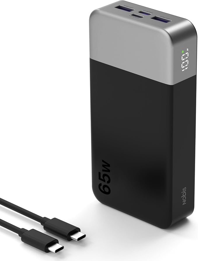 NOBIS Portable Charger, 65W 20000mAh Power Bank Fast Charging PD QC, 2 USB-C(in/Out) & 2 USB-A Battery Pack with Digital Display for Laptop Phone 17 Tablet Earbuds